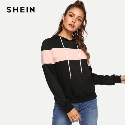 SHEIN Black Casual Hooded Drawstring Color Block Pocket Minimalist Pullovers Sweater Autumn Preppy Women Sweatshirts. Pink Horizontal Stripe