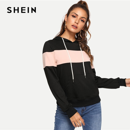 SHEIN Black Casual Hooded Drawstring Color Block Pocket Minimalist Pullovers Sweater Autumn Preppy Women Sweatshirts. Pink Horizontal Stripe