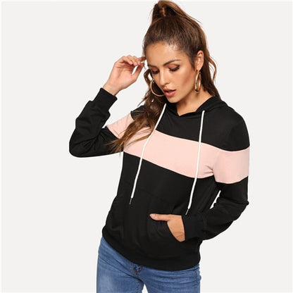 SHEIN Black Casual Hooded Drawstring Color Block Pocket Minimalist Pullovers Sweater Autumn Preppy Women Sweatshirts. Pink Horizontal Stripe