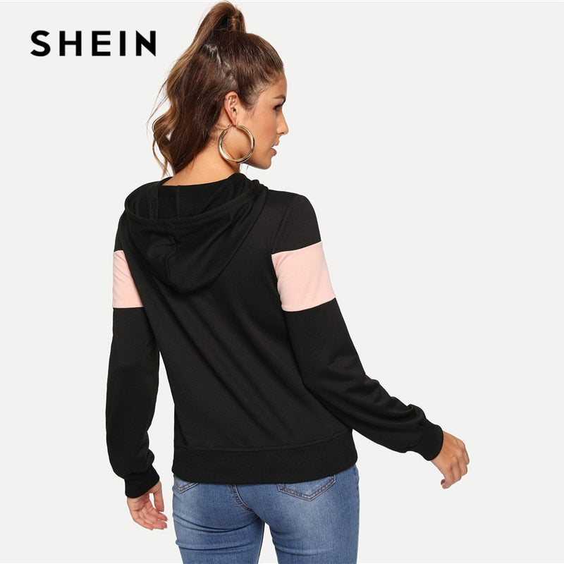 SHEIN Black Casual Hooded Drawstring Color Block Pocket Minimalist Pullovers Sweater Autumn Preppy Women Sweatshirts. Pink Horizontal Stripe