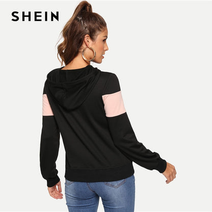 SHEIN Black Casual Hooded Drawstring Color Block Pocket Minimalist Pullovers Sweater Autumn Preppy Women Sweatshirts. Pink Horizontal Stripe