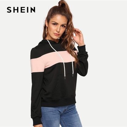 SHEIN Black Casual Hooded Drawstring Color Block Pocket Minimalist Pullovers Sweater Autumn Preppy Women Sweatshirts. Pink Horizontal Stripe