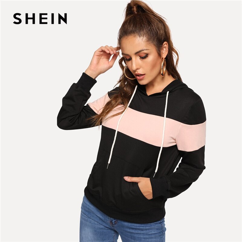 SHEIN Black Casual Hooded Drawstring Color Block Pocket Minimalist Pullovers Sweater Autumn Preppy Women Sweatshirts. Pink Horizontal Stripe