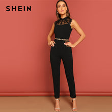 将图片加载到图库查看器，SHEIN Black Constract Lace Bodice Open Back Halter Skinny Mid Waist Sleeveless Jumpsuit Autumn Women Modern Lady Jumpsuits
