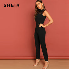 将图片加载到图库查看器，SHEIN Black Constract Lace Bodice Open Back Halter Skinny Mid Waist Sleeveless Jumpsuit Autumn Women Modern Lady Jumpsuits
