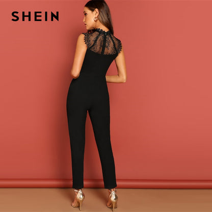 SHEIN Black Constract Lace Bodice Open Back Halter Skinny Mid Waist Sleeveless Jumpsuit Autumn Women Modern Lady Jumpsuits