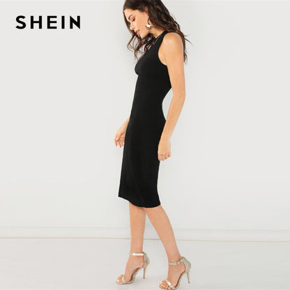 SHEIN Black Elegant Solid Pencil Dress Slim Sleeveless Knee Length Sexy Workwear Dresses Women Plain Sheath Summer Dress