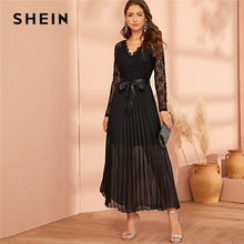 Load image into Gallery viewer, SHEIN Black Lace Panel Plisse Hem Belted Pleated Sheer Dress Women Autumn V-neck Fit and Flare High Waist Party Long Dresses
