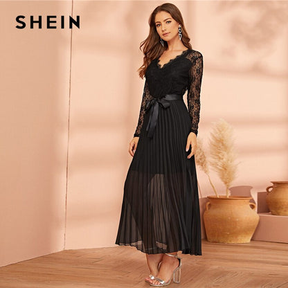 SHEIN Black Lace Panel Plisse Hem Belted Pleated Sheer Dress Women Autumn V-neck Fit and Flare High Waist Party Long Dresses