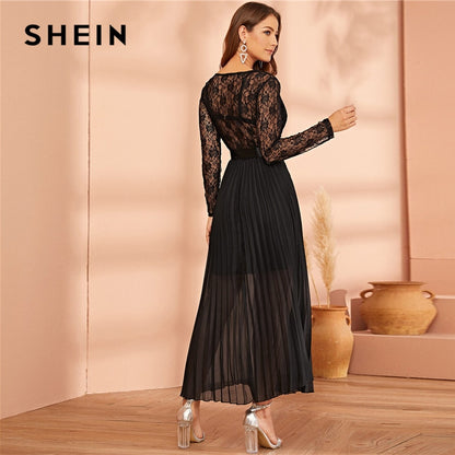 SHEIN Black Lace Panel Plisse Hem Belted Pleated Sheer Dress Women Autumn V-neck Fit and Flare High Waist Party Long Dresses