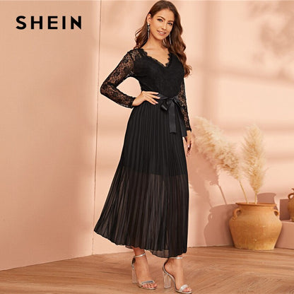 SHEIN Black Lace Panel Plisse Hem Belted Pleated Sheer Dress Women Autumn V-neck Fit and Flare High Waist Party Long Dresses