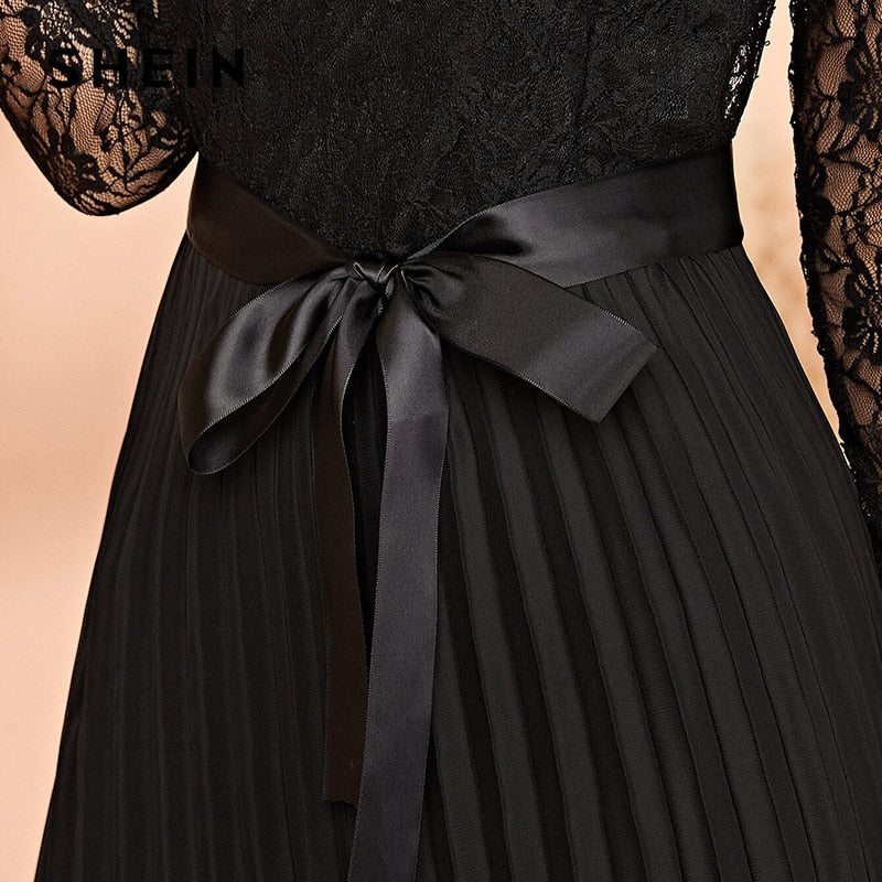 SHEIN Black Lace Panel Plisse Hem Belted Pleated Sheer Dress Women Autumn V-neck Fit and Flare High Waist Party Long Dresses