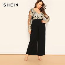 Load image into Gallery viewer, SHEIN Black Plus Size Embroidered Jumpsuit Contrast Mesh Bodice Wide Leg Women Plain Jumpsuits Deep V Neck Casual Longline Jumpsuit
