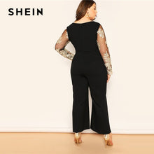 Load image into Gallery viewer, SHEIN Black Plus Size Embroidered Jumpsuit Contrast Mesh Bodice Wide Leg Women Plain Jumpsuits Deep V Neck Casual Longline Jumpsuit
