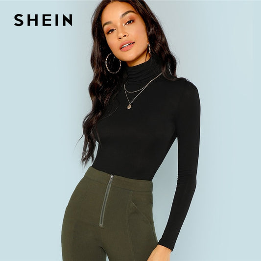 SHEIN Black Turtleneck Slim Fit Sweater Workwear Office Ladies Plain High Neck Long Sleeve Tee Women Autumn Minimalist
