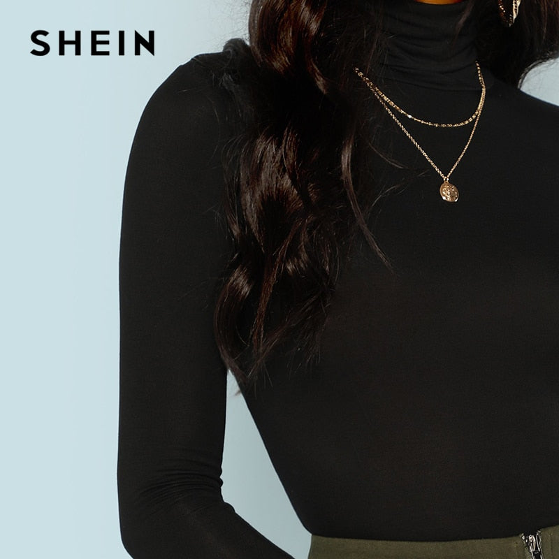 SHEIN Black Turtleneck Slim Fit Sweater Workwear Office Ladies Plain High Neck Long Sleeve Tee Women Autumn Minimalist