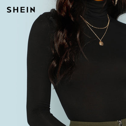 SHEIN Black Turtleneck Slim Fit Sweater Workwear Office Ladies Plain High Neck Long Sleeve Tee Women Autumn Minimalist