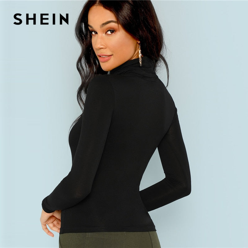 SHEIN Black Turtleneck Slim Fit Sweater Workwear Office Ladies Plain High Neck Long Sleeve Tee Women Autumn Minimalist