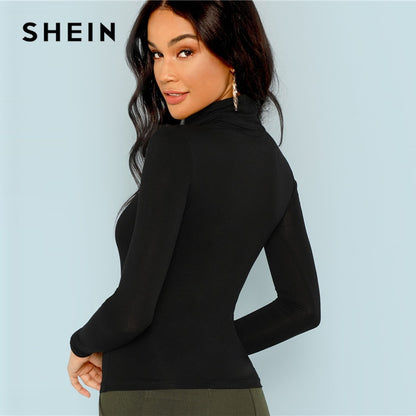 SHEIN Black Turtleneck Slim Fit Sweater Workwear Office Ladies Plain High Neck Long Sleeve Tee Women Autumn Minimalist