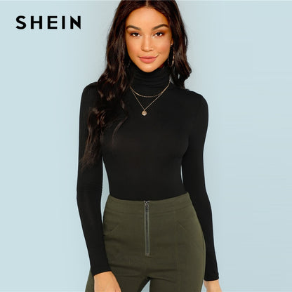 SHEIN Black Turtleneck Slim Fit Sweater Workwear Office Ladies Plain High Neck Long Sleeve Tee Women Autumn Minimalist