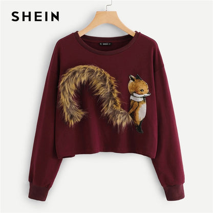 SHEIN Burgundy Faux Fur Fox Patch Sweatshirt Women Long Sleeve Round Neck Crop Pullovers Women Autumn Casual Sweatshirts