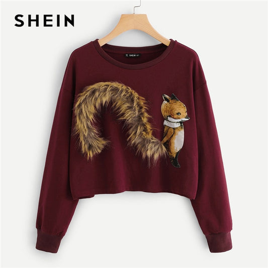 SHEIN Burgundy Faux Fur Fox Patch Sweatshirt Women Long Sleeve Round Neck Crop Pullovers Women Autumn Casual Sweatshirts