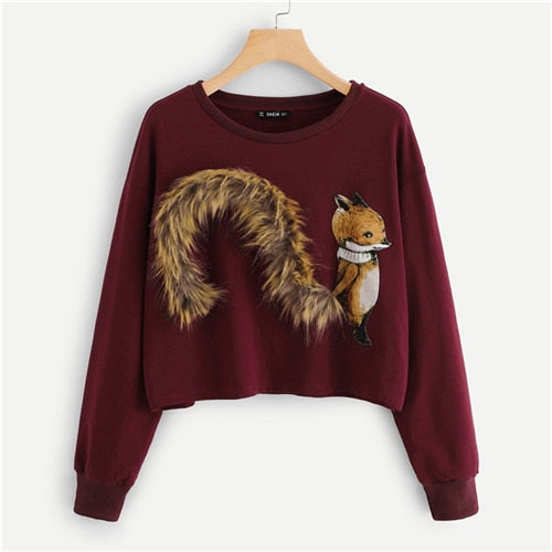 SHEIN Burgundy Faux Fur Fox Patch Sweatshirt Women Long Sleeve Round Neck Crop Pullovers Women Autumn Casual Sweatshirts