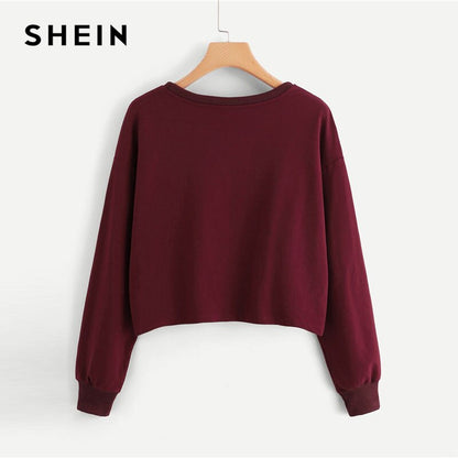 SHEIN Burgundy Faux Fur Fox Patch Sweatshirt Women Long Sleeve Round Neck Crop Pullovers Women Autumn Casual Sweatshirts