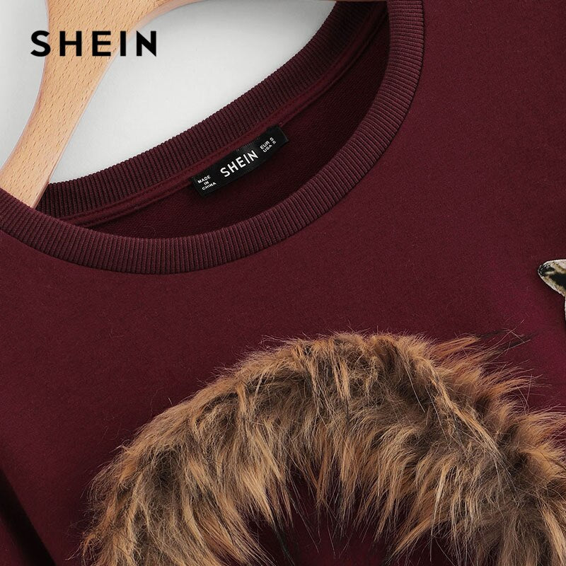 SHEIN Burgundy Faux Fur Fox Patch Sweatshirt Women Long Sleeve Round Neck Crop Pullovers Women Autumn Casual Sweatshirts