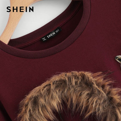 SHEIN Burgundy Faux Fur Fox Patch Sweatshirt Women Long Sleeve Round Neck Crop Pullovers Women Autumn Casual Sweatshirts