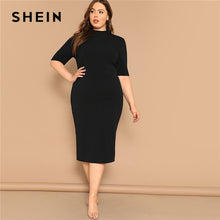 Load image into Gallery viewer, SHEIN Classy Black Plus Size Mock-neck Solid Pencil Slim Dress Women Spring Office Lady Bodycon Basics Plus Size Long Dresses
