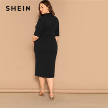 Load image into Gallery viewer, SHEIN Classy Black Plus Size Mock-neck Solid Pencil Slim Dress Women Spring Office Lady Bodycon Basics Plus Size Long Dresses
