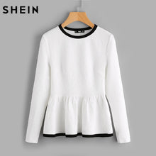 Charger l&#39;image dans la galerie, SHEIN Contrast Binding Textured Peplum Shirt  White Women Tops Blouse Autumn Long Sleeve Elegant Fall 2017 Fashion Blouse
