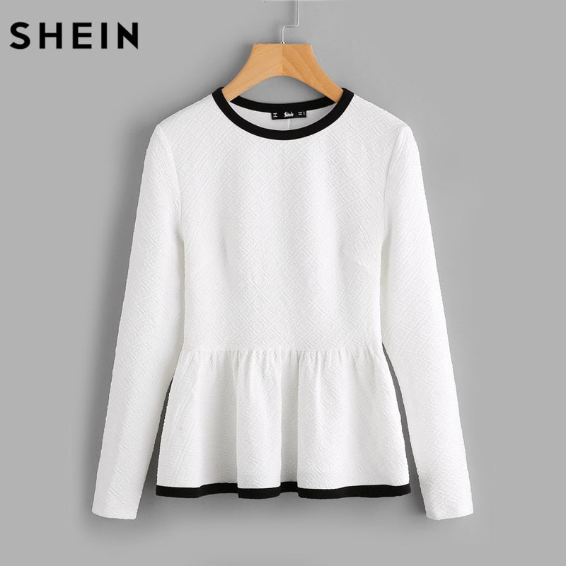 SHEIN Contrast Binding Textured Peplum Shirt  White Women Tops Blouse Autumn Long Sleeve Elegant Fall 2017 Fashion Blouse