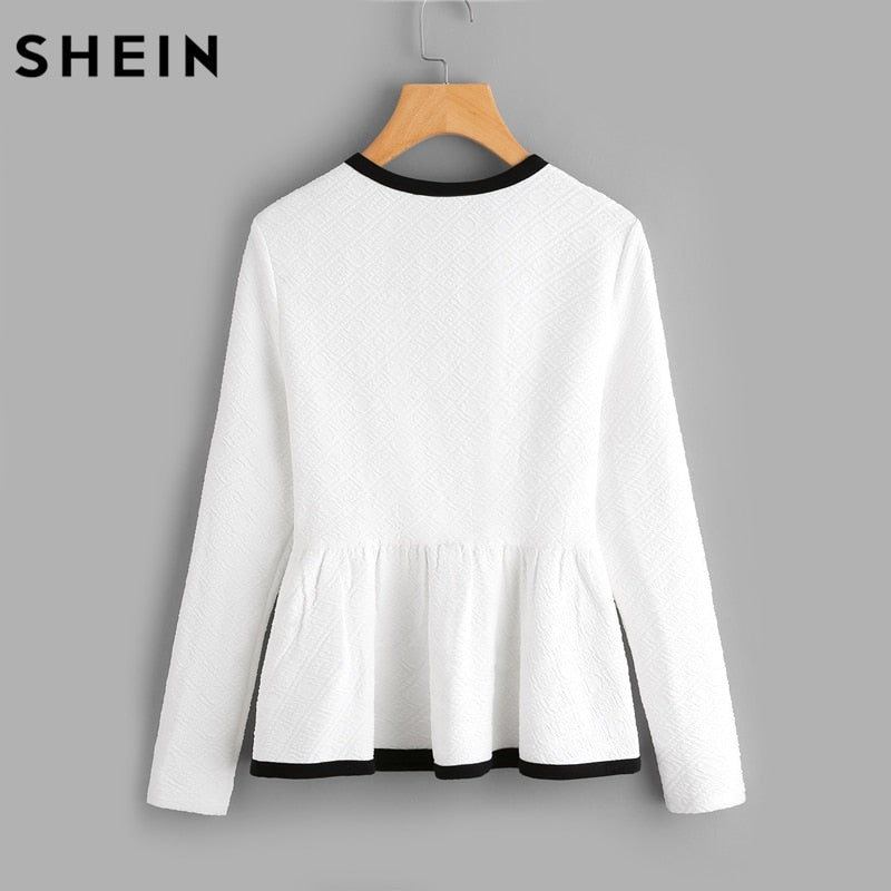 SHEIN Contrast Binding Textured Peplum Shirt  White Women Tops Blouse Autumn Long Sleeve Elegant Fall 2017 Fashion Blouse