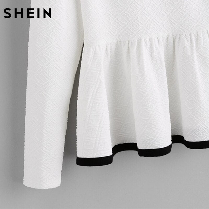 SHEIN Contrast Binding Textured Peplum Shirt  White Women Tops Blouse Autumn Long Sleeve Elegant Fall 2017 Fashion Blouse