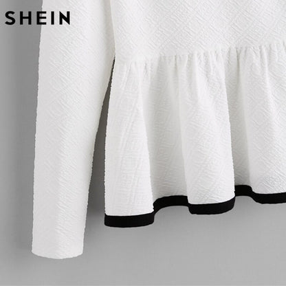 SHEIN Contrast Binding Textured Peplum Shirt  White Women Tops Blouse Autumn Long Sleeve Elegant Fall 2017 Fashion Blouse