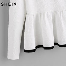 Charger l&#39;image dans la galerie, SHEIN Contrast Binding Textured Peplum Shirt  White Women Tops Blouse Autumn Long Sleeve Elegant Fall 2017 Fashion Blouse
