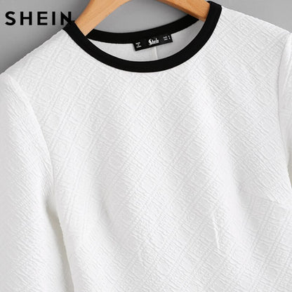 SHEIN Contrast Binding Textured Peplum Shirt  White Women Tops Blouse Autumn Long Sleeve Elegant Fall 2017 Fashion Blouse