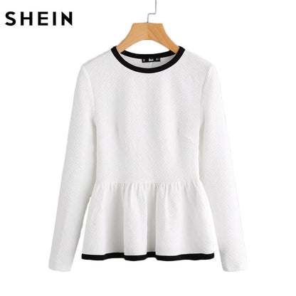 SHEIN Contrast Binding Textured Peplum Shirt  White Women Tops Blouse Autumn Long Sleeve Elegant Fall 2017 Fashion Blouse
