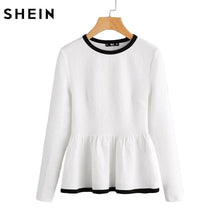 Charger l&#39;image dans la galerie, SHEIN Contrast Binding Textured Peplum Shirt  White Women Tops Blouse Autumn Long Sleeve Elegant Fall 2017 Fashion Blouse
