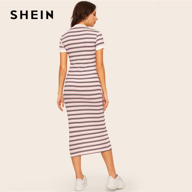 SHEIN Contrast Neck And Cuff Striped Pencil Dress 2019 Preppy Colorblock Stretchy Spring Autumn Bodycon Women Dresses