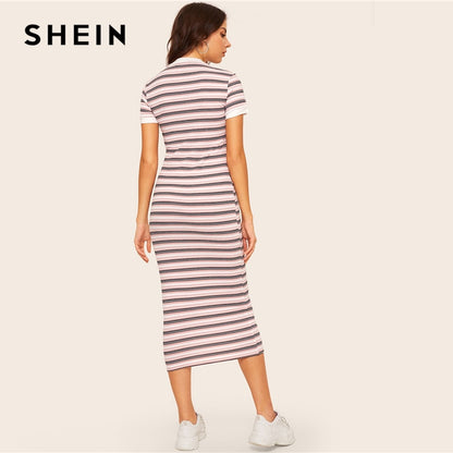 SHEIN Contrast Neck And Cuff Striped Pencil Dress 2019 Preppy Colorblock Stretchy Spring Autumn Bodycon Women Dresses