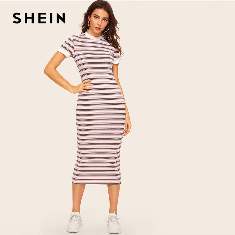 SHEIN Contrast Neck And Cuff Striped Pencil Dress 2019 Preppy Colorblock Stretchy Spring Autumn Bodycon Women Dresses