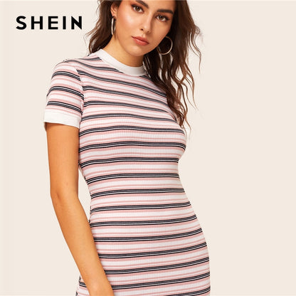 SHEIN Contrast Neck And Cuff Striped Pencil Dress 2019 Preppy Colorblock Stretchy Spring Autumn Bodycon Women Dresses