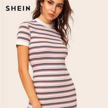 Load image into Gallery viewer, SHEIN Contrast Neck And Cuff Striped Pencil Dress 2019 Preppy Colorblock Stretchy Spring Autumn Bodycon Women Dresses
