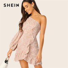 Load image into Gallery viewer, SHEIN Ditsy Floral One Shoulder Lantern Sleeve Ruffle Dress 2019 Boho Pink High Waist Wrap Women Spring Summer Dresses
