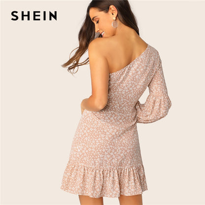 SHEIN Ditsy Floral One Shoulder Lantern Sleeve Ruffle Dress 2019 Boho Pink High Waist Wrap Women Spring Summer Dresses