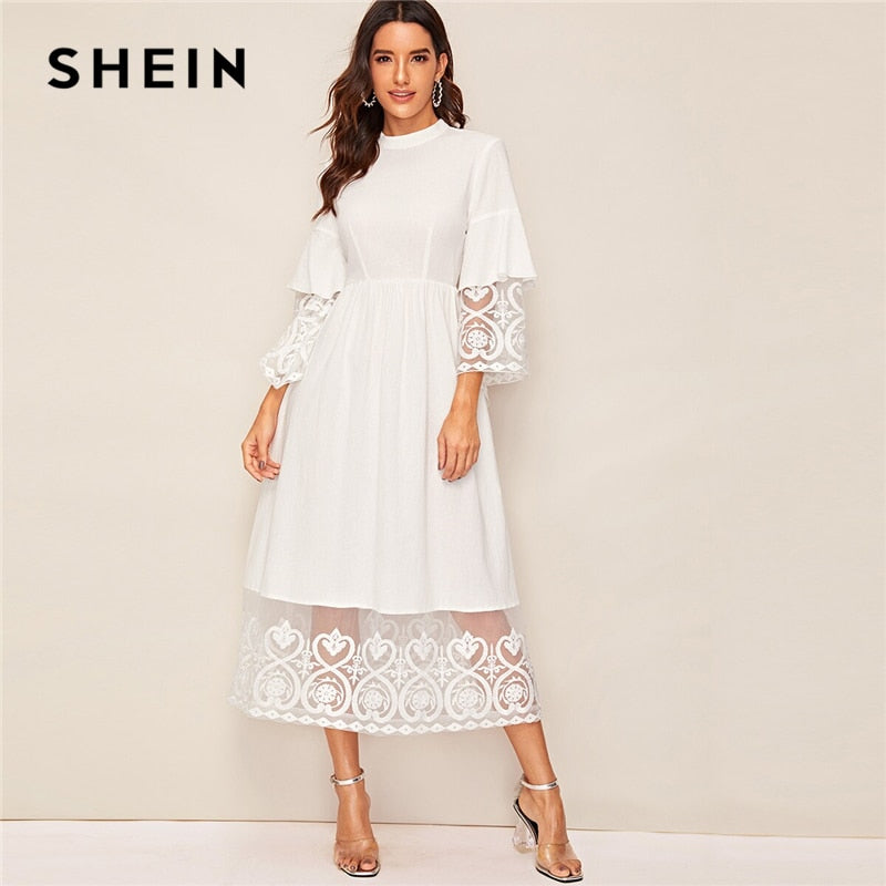 SHEIN Elegant Mock-Neck Embroidery Organza Cuff and Hem Long Dress Women Autumn Fit and Flare Dress Empire Abaya Dresses
