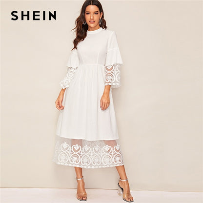 SHEIN Elegant Mock-Neck Embroidery Organza Cuff and Hem Long Dress Women Autumn Fit and Flare Dress Empire Abaya Dresses